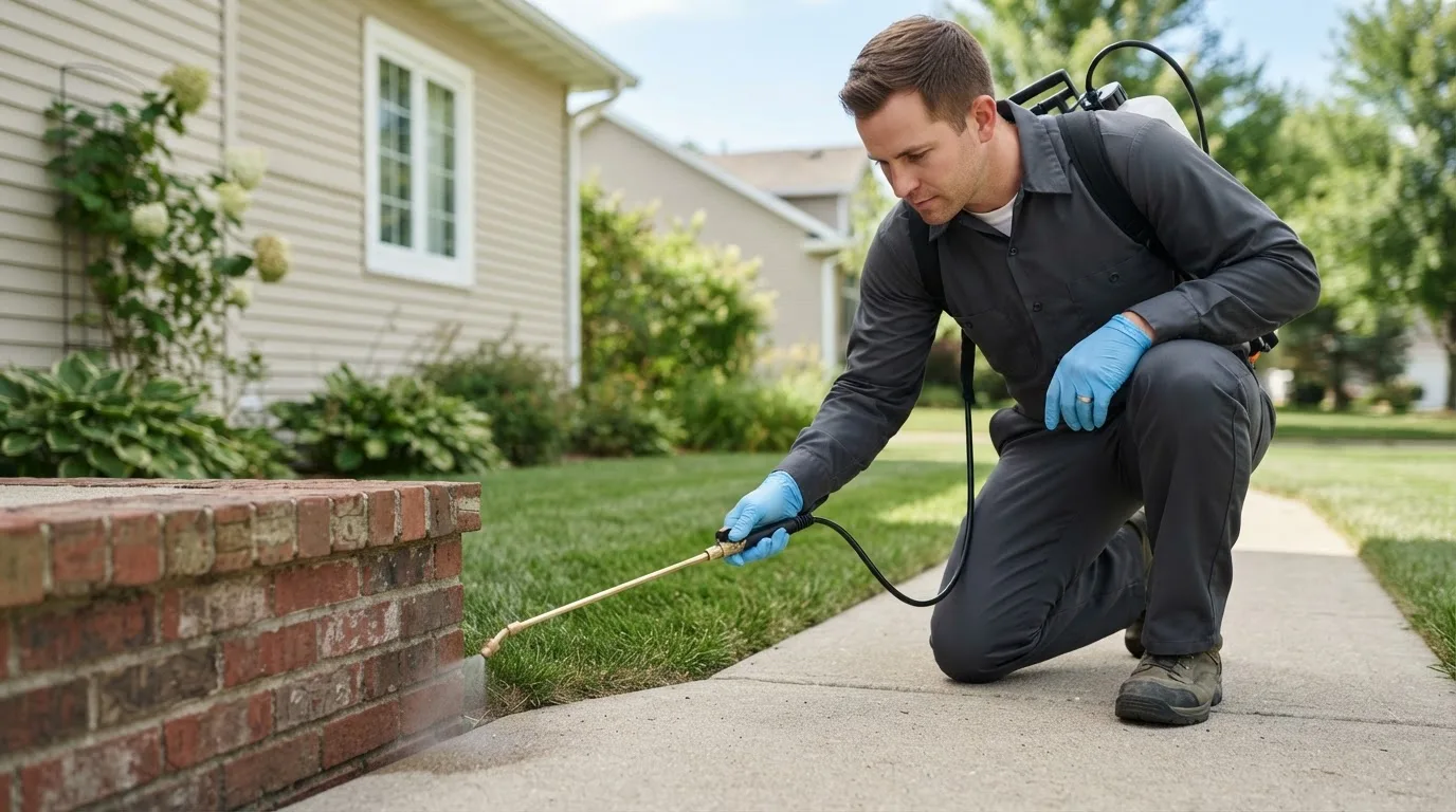 Pest control technician treating a home near Ellenburg Center, NY