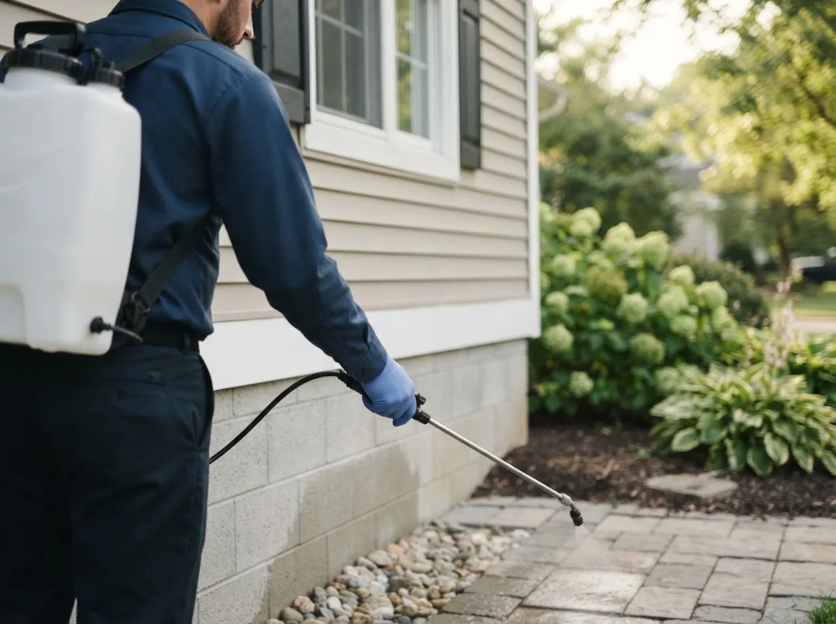 Pest control technician inspecting a home in Ellenburg Center, NY